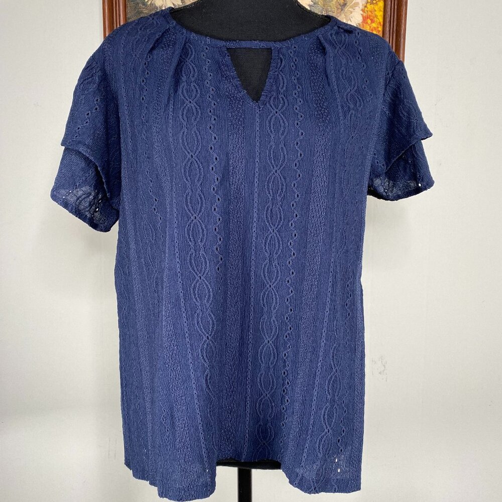 Violet Skies Blouse Top Women's Large Crew Neck Blue Embroidery Keyhole Casual